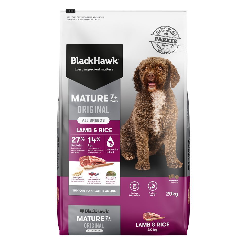 A bag of Black Hawk dog food for mature dogs, lamb and rice flavor, with a photo of a Lagotto Romagnolo on the front.