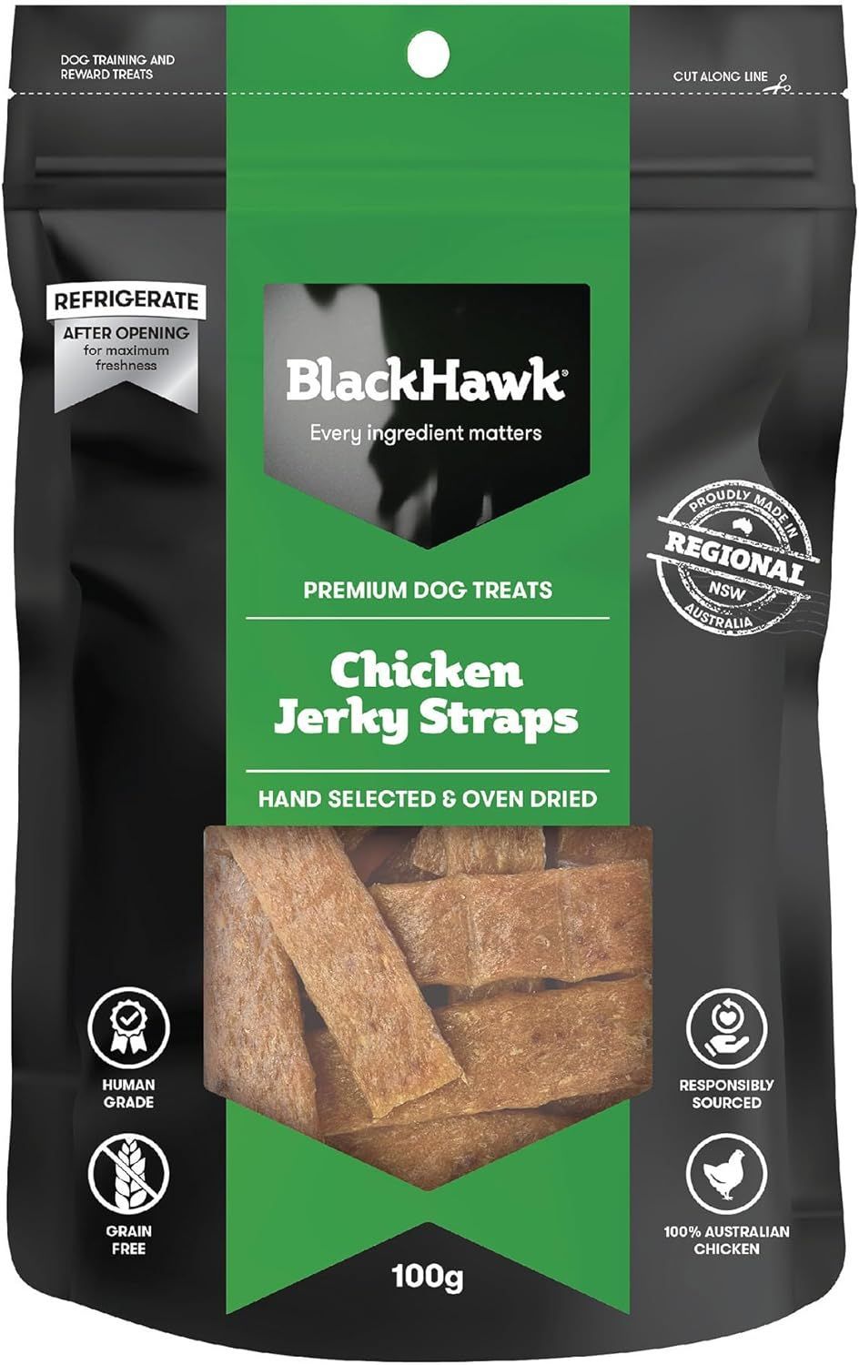 BlackHawk chicken jerky dog treats in a black and green bag, featuring a clear product image of jerky strips.