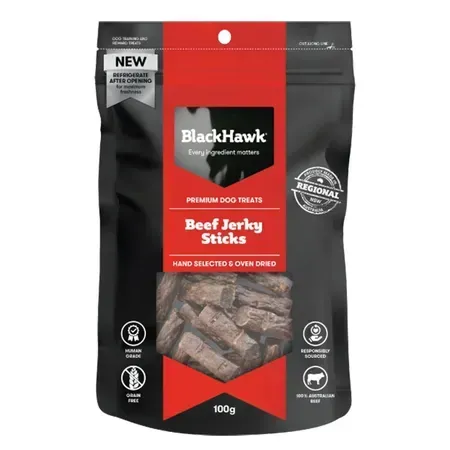 BlackHawk Beef Jerky Sticks dog treats, in a black and red package, showing the product.