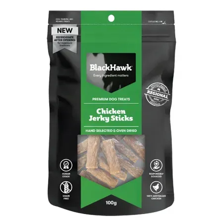 BlackHawk Chicken Jerky Sticks dog treats in a black bag with a green stripe. Treats visible through a clear window.