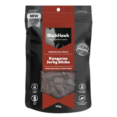 BlackHawk Kangaroo Jerky Sticks dog treats in a black and red bag.