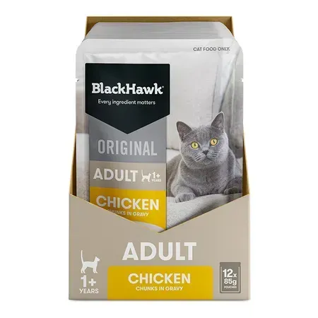 BlackHawk Original Adult Chicken cat food pack with a gray cat and yellow accents.