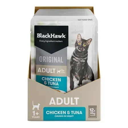 A package of BlackHawk cat food pouches, featuring chicken and tuna in gravy, for adult cats. The box shows a cat with black and brown tabby markings.