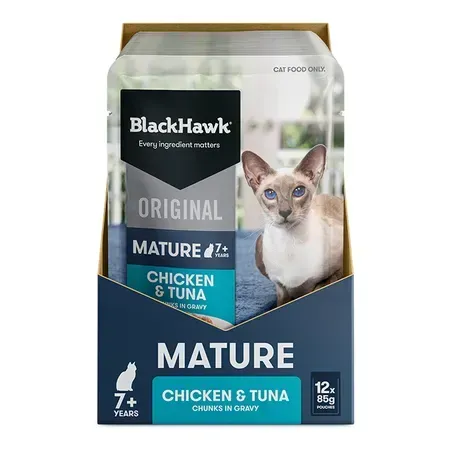 Box of BlackHawk cat food, "Mature" chicken & tuna flavor. Features a Siamese cat, and the text "7+ years."