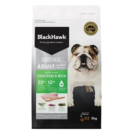 Bag of Black Hawk Original Adult dog food, chicken and rice flavor, with a bulldog on the packaging.