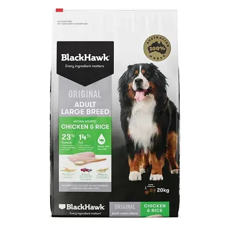 A bag of Blackhawk Original Adult Large Breed dry dog food, chicken and rice flavor. Features a Bernese Mountain Dog on the front.