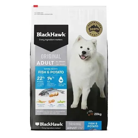 BlackHawk Original Adult Fish & Potato dog food bag with a white dog on the front, advertising 22% protein and 14% fat.