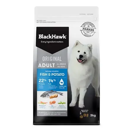 Blackhawk Original Adult Fish & Potato dry dog food bag, featuring a white dog and ingredient illustrations.