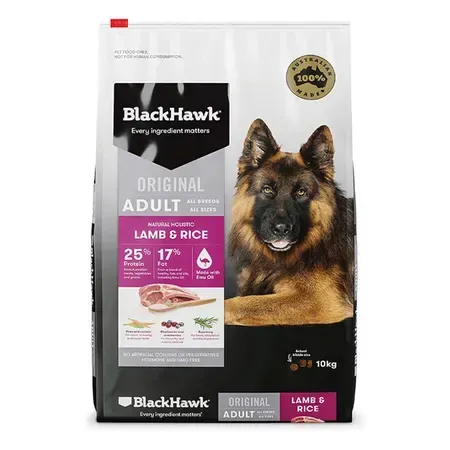 A bag of Blackhawk Original Adult Lamb & Rice dog food featuring a German Shepherd.