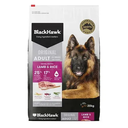 Bag of BlackHawk Original Adult Lamb & Rice dog food, with a German Shepherd on the front.
