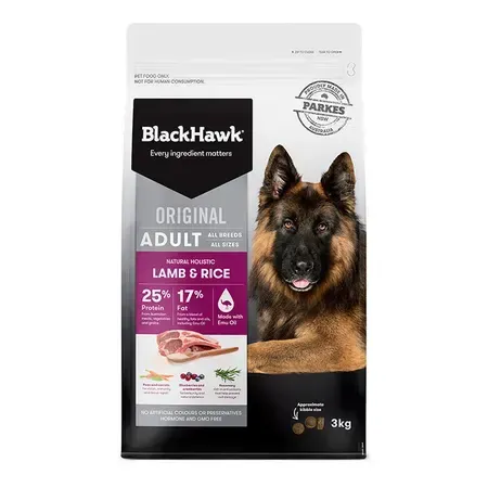 BlackHawk Original Adult Lamb & Rice dry dog food bag. Features a German Shepherd, meat, and ingredient icons.