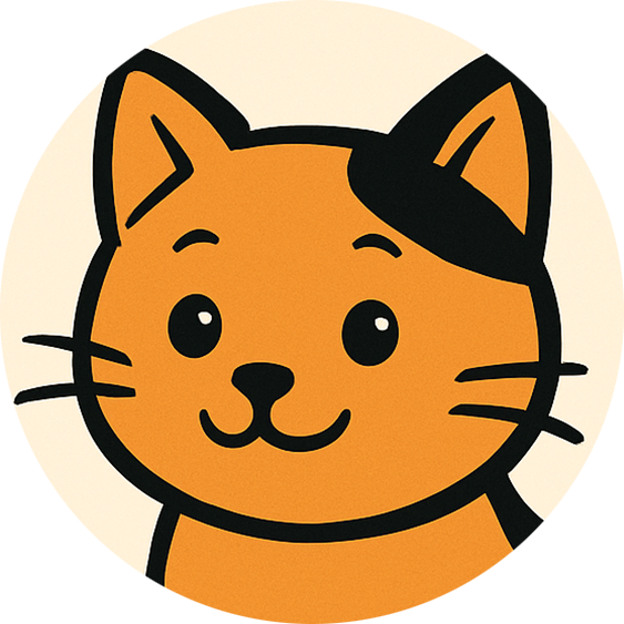 Orange cartoon cat with black ear and markings, smiling in a cream-colored circle.