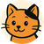 Orange cartoon cat with black ear and markings, smiling in a cream-colored circle.