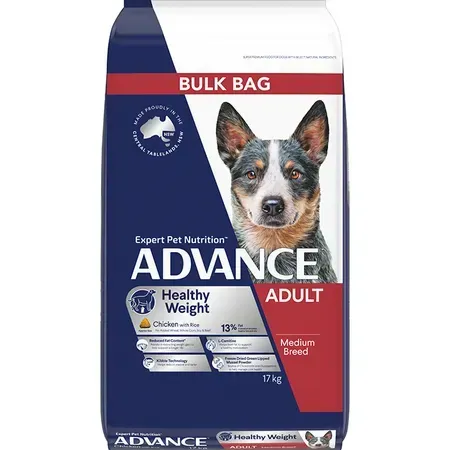 A bag of Advance Adult Healthy Weight dog food. The bag is blue, white, and red, with a photo of a dog and text indicating it is for medium breeds.