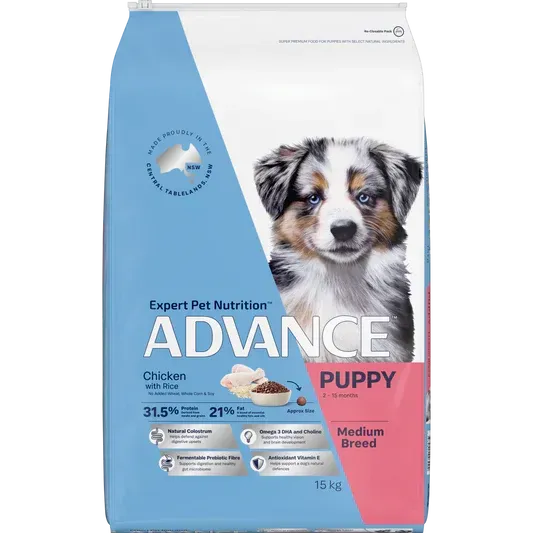 Bag of Advance puppy food for medium-breed dogs, featuring a puppy on the front, with blue and pink packaging.