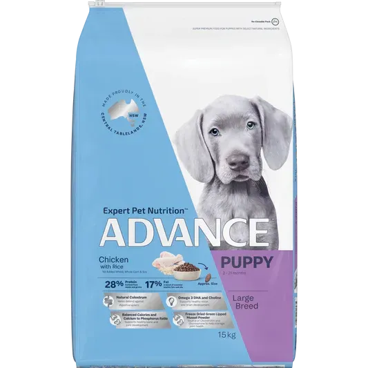 A bag of Advance puppy food with a grey puppy on the front, labeled "Large Breed." The bag is light blue and white.