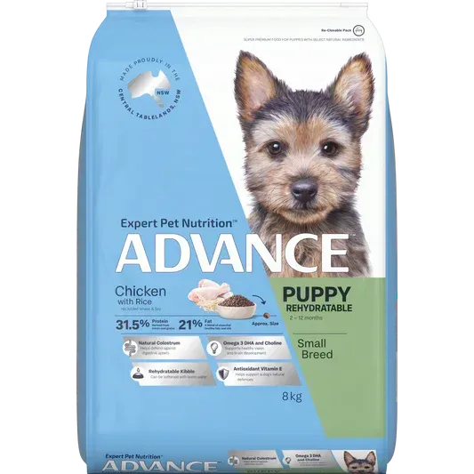 Bag of Advance Puppy food for small breed dogs, featuring a puppy on the front.
