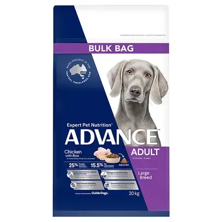A bag of Advance Adult dog food, chicken with rice flavor, featuring a Weimaraner. The bag is blue and purple, labeled "Bulk Bag."