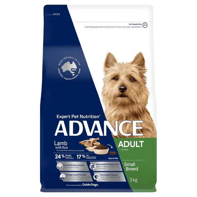 A bag of Advance dog food for adult small breed dogs, lamb flavor, with a photo of a terrier.