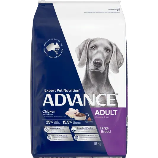 A bag of Advance dog food for adult large breed dogs, featuring a grey Weimaraner and product information.