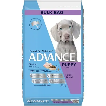 Large bag of Advance Puppy dry dog food with a grey Weimaraner puppy. Blue and purple packaging.