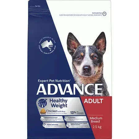 Bag of Advance Healthy Weight adult dog food featuring a blue heeler. The bag is white, blue, and red.
