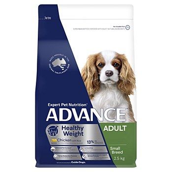 Bag of Advance dog food for adult small breeds, with a Cavalier King Charles Spaniel on the front.