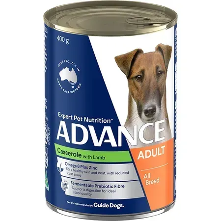 A can of Advance dog food labeled "Casserole with Lamb" featuring a dog's face and blue/orange packaging.