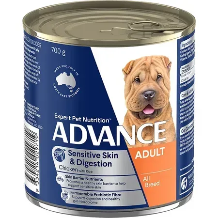 Can of Advance dog food, labeled "Sensitive Skin & Digestion" with a picture of a Shar Pei.