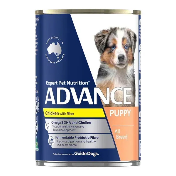 Can of Advance Puppy wet dog food. Features a picture of an Australian Shepherd puppy on a blue and white background.