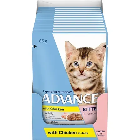 Box of Advance kitten food with a picture of a tabby kitten and the text "with Chicken in Jelly".