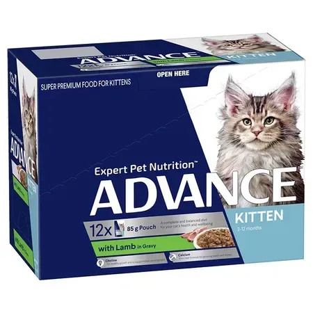 Box of Advance Kitten wet food with a picture of a tabby kitten. The box is blue and white and says "with lamb".