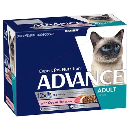 Box of Advance cat food pouches with a Siamese cat on the packaging; the box is blue and white and advertises "ocean fish."