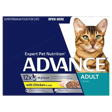 Box of Advance cat food, featuring a Bengal cat, with text indicating "Adult" and "Chicken in Jelly" flavor.