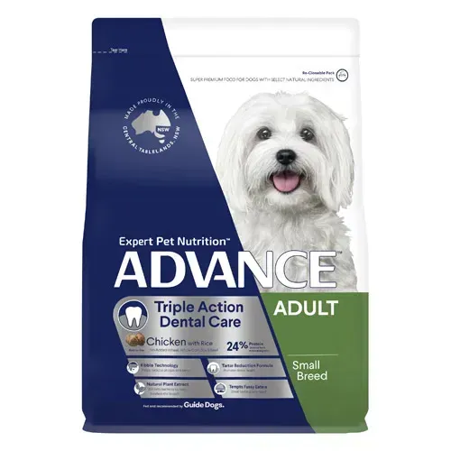 Bag of Advance Adult small breed dog food, featuring a white dog with a happy expression. The packaging is blue, white, and green.