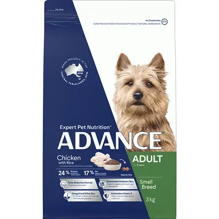 Bag of Advance dog food for adult small breed dogs; features a dog on the packaging.