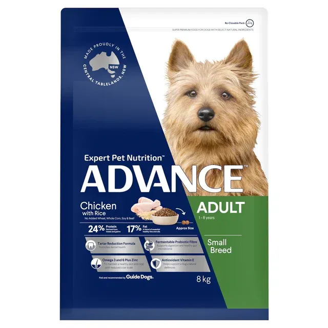 Dog food bag, "Advance" brand. Shows a small dog, chicken and rice, and has the text "Adult Small Breed."