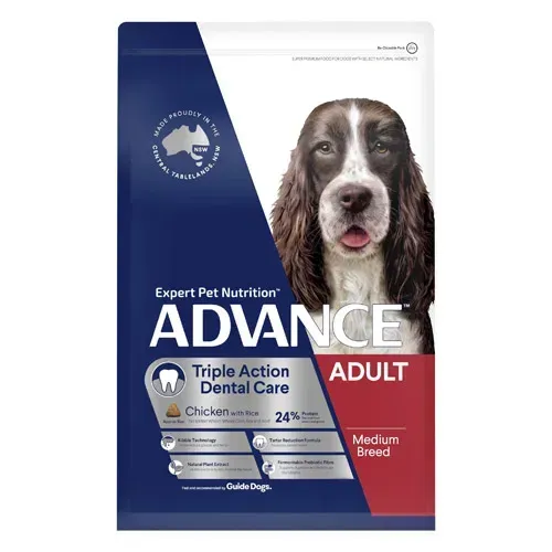 Dog food bag: Advance Adult, medium breed, with a dog's portrait. The bag is blue, white, and red, advertising triple-action dental care.