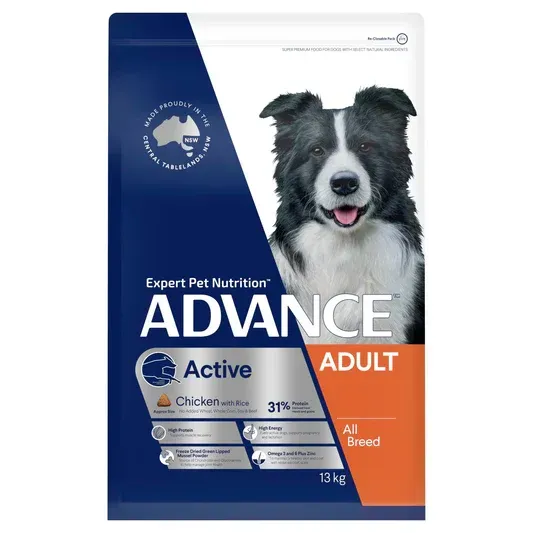 A bag of Advance Adult Active dog food, featuring a black and white Border Collie on the front. Blue and orange color scheme.