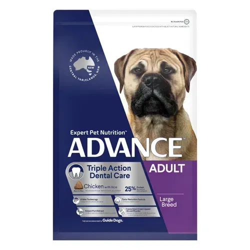 A bag of Advance Adult Large Breed dog food. The packaging features a large dog's face, blue and white background, and product information.