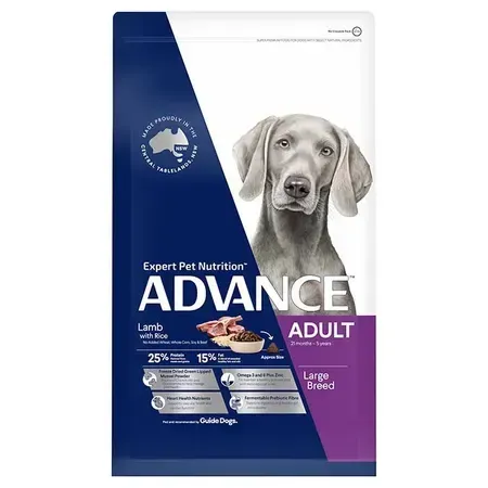 Bag of Advance Adult dog food, featuring a Weimaraner, lamb and rice, for large breeds. The packaging is primarily blue and white.