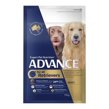 A bag of ADVANCE dog food for adult Retrievers with a Labrador and Golden Retriever pictured.