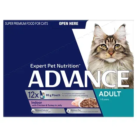 Box of Advance cat food pouches for indoor adult cats, featuring a cat's face and text "ADVANCE".