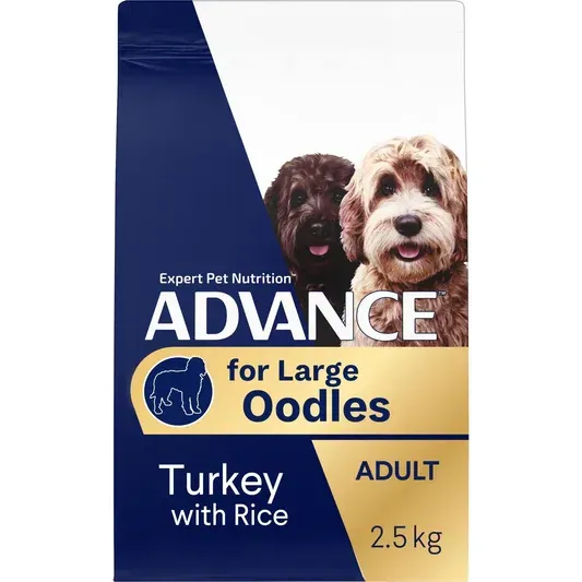 Dog food bag for large "Oodles" with two curly-haired dogs; navy blue and gold packaging; says "Turkey with Rice".