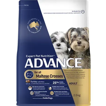 Bag of Advance dog food for Maltese crosses, featuring two small dogs and highlighting "Turkey with Rice" and "Adult" formula.
