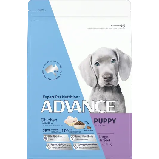 Bag of Advance puppy food for large breeds; features a grey puppy on a blue and white background.