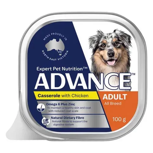 Dog food container labeled "ADVANCE" casserole with chicken, for adult dogs, with an Australian Shepherd dog.