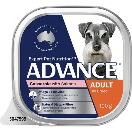 Dog food container of Advance casserole with salmon. Features an adult schnauzer, and mentions Omega 6, zinc, and natural fiber.