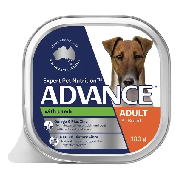 Dog food container with Advance brand, "with Lamb" flavor, for adult dogs of all breeds, 100g. Features a dog image.