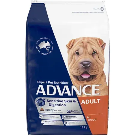 Bag of Advance dog food for adult dogs with sensitive skin and digestion. The bag features a Shar Pei dog.